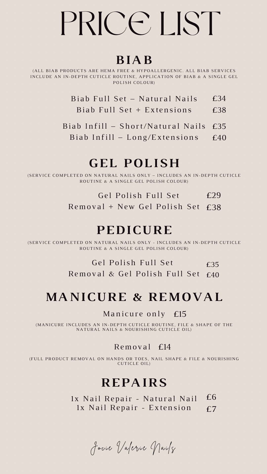 Pricelist — page 1: services and prices at Jocie Valerie Nails