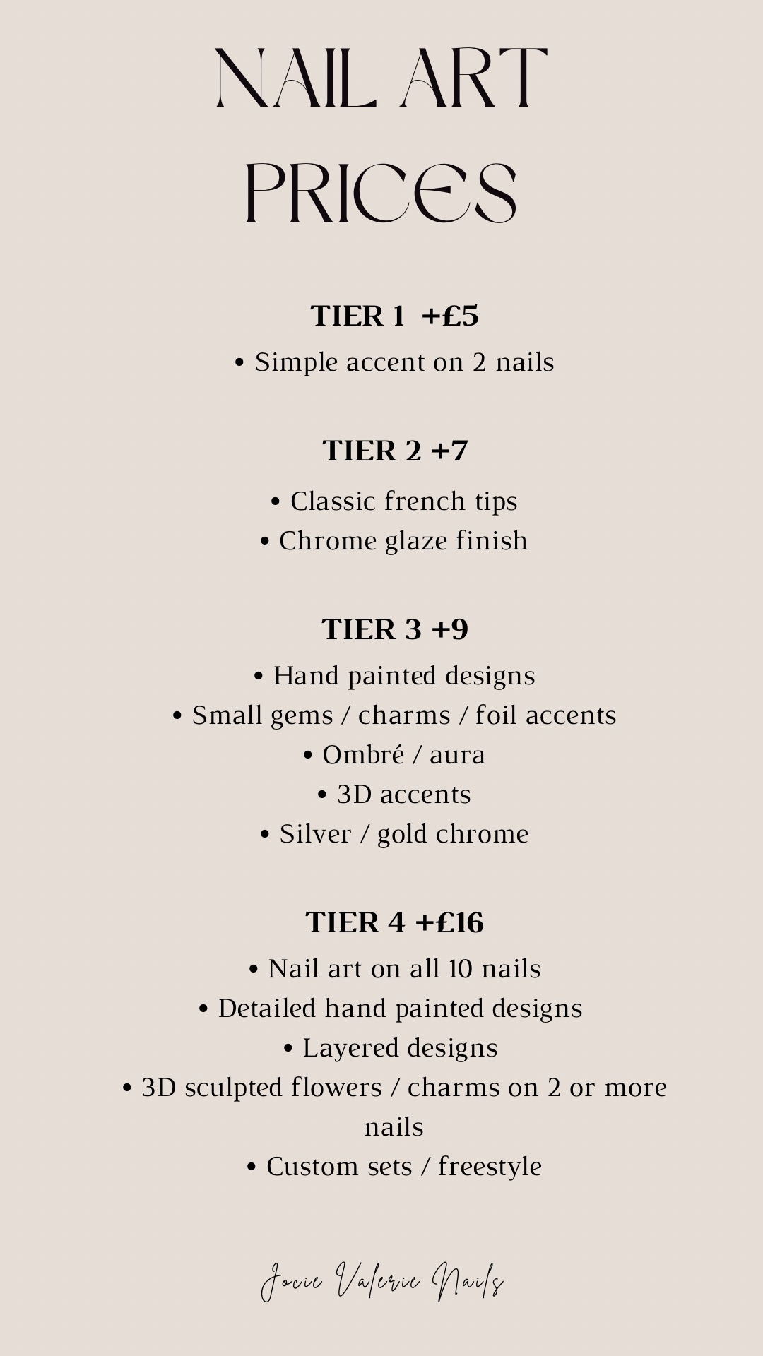 Pricelist — page 2: continued services and prices at Jocie Valerie Nails